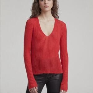Rag & Bone Donna V-Neck Mohair Blend Semi Sheer Sweater In Red